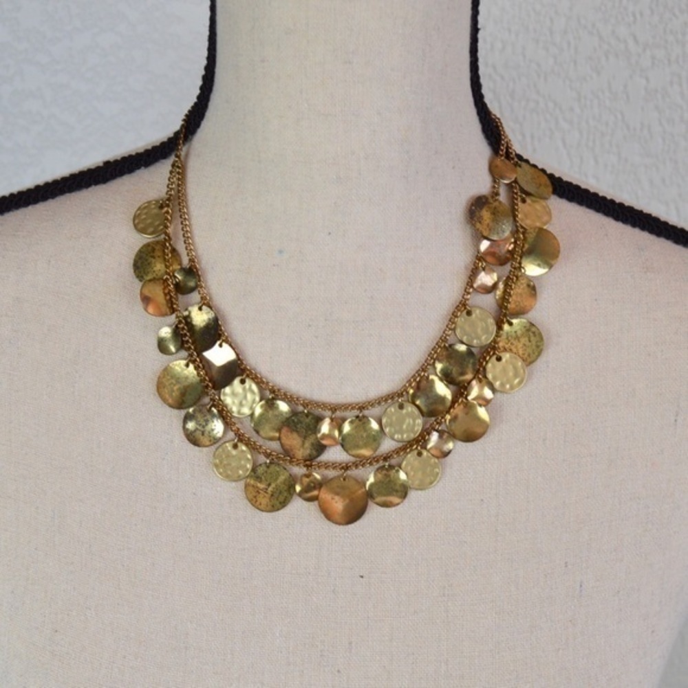Pebbled Gold Metal Chain Bib Double String Necklace